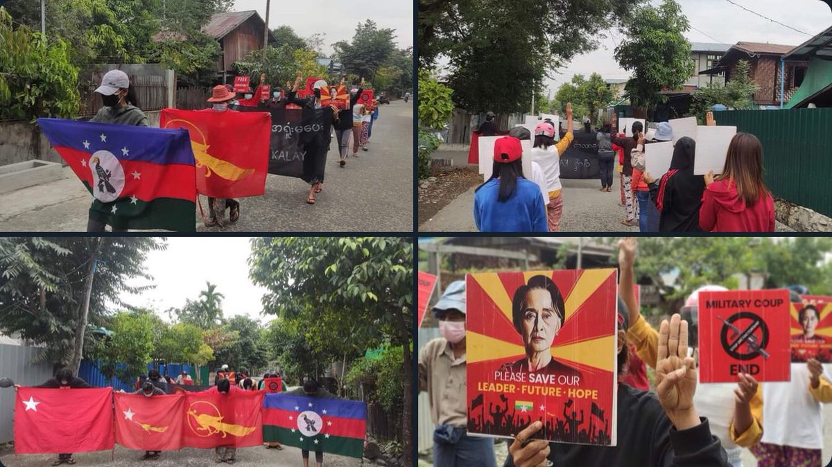 maythitsa1's tweet photo. Pro-democracy residents of Kale marched once again and demonstrated a persistent protest to overthrow military regime today. 

#WarCrimesOfJunta #2022Jan14Coup #WhatsHappeningInMyanmar https://t.co/YmlRnj58p9