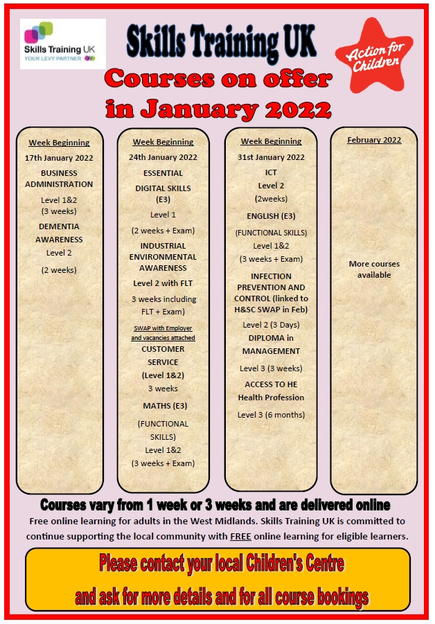 sandwellcluster's tweet photo. Skills Training UK courses for January 2022

Please contact your local Children's Centre if you are interested and would like to get involved in any of the courses https://t.co/5eE4Zw25oc