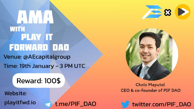 AEcapitalt's tweet photo. 🔥 AE Capital will Host the #AMA with @PIF_DAO

💰 Reward pool: $100 
👉 Venue: https://t.co/2pjphZophT
⏰ Date &amp; time: 19 January at 3 PM UTC | 10 PM GTM+7

Follow Twitter:
@AEcapitalt &amp; @PIF_DAO

Like + Retweet, Ask Question on Comment. ( Max 5 question ) https://t.co/20ta9szWmi