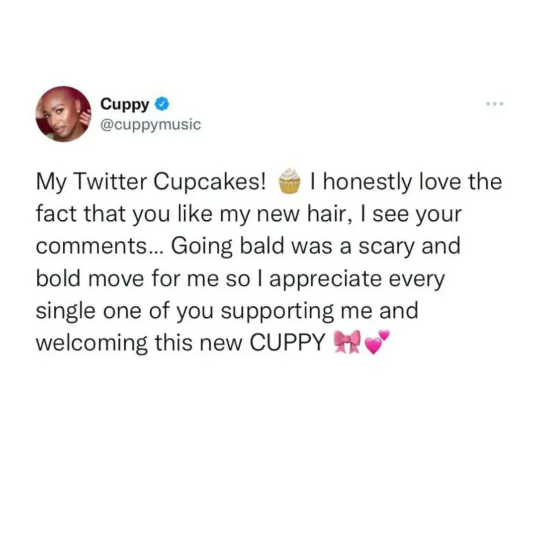 sopupdates_'s tweet photo. "Going bald was a scary and bold move for me" - #DJCuppy reflects as she appreciates fans for their support of her new look.

Swipe 👉🏽👉🏽👉🏽
.
#sopupdates https://t.co/MnQSGpB9zj