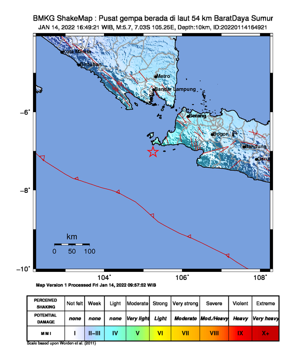 #Gempa Mag:5.7, 14-Jan-22 16:49:21 WIB, Lok:7.03 LS, 105.25 BT (Pusat gempa berada di laut 54 km BaratDaya Sumur), Kedlmn:10 Km Dirasakan (MMI) II Tangerang Selatan, II Pelabuhanratu, II Bandar Lampung, II-III Kota Tangerang #BMKG