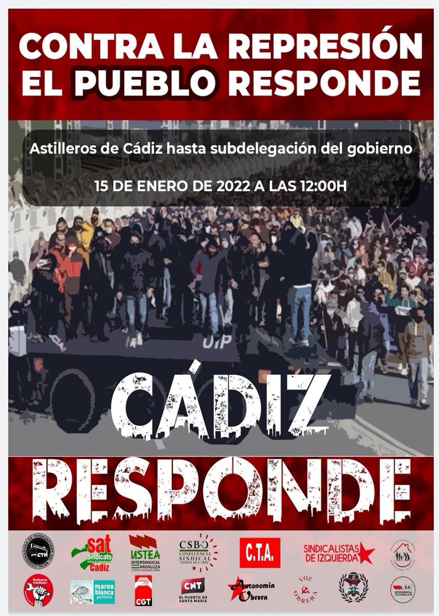CombativoBloque's tweet photo. Mañana #15Ene organizaciones sindicales, sociales y políticas salimos a las calles  en #Cadiz, #Madrid, #Zaragoza, #Puertollano... contra la REPRESIÓN

🟥 Movilízate. Organízate para luchar y vencer ‼️
📢Viva la lucha de la clase obrera
#HuelgaMetalCadiz
#MarlaskaDimision https://t.co/2CZgkahzwh