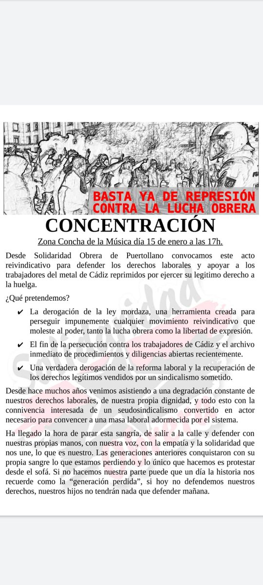 CombativoBloque's tweet photo. Mañana #15Ene organizaciones sindicales, sociales y políticas salimos a las calles  en #Cadiz, #Madrid, #Zaragoza, #Puertollano... contra la REPRESIÓN

🟥 Movilízate. Organízate para luchar y vencer ‼️
📢Viva la lucha de la clase obrera
#HuelgaMetalCadiz
#MarlaskaDimision https://t.co/2CZgkahzwh
