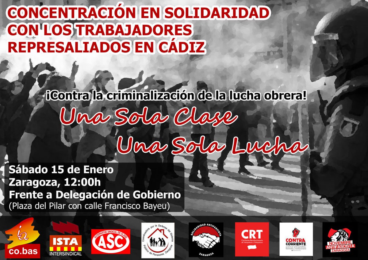 CombativoBloque's tweet photo. Mañana #15Ene organizaciones sindicales, sociales y políticas salimos a las calles  en #Cadiz, #Madrid, #Zaragoza, #Puertollano... contra la REPRESIÓN

🟥 Movilízate. Organízate para luchar y vencer ‼️
📢Viva la lucha de la clase obrera
#HuelgaMetalCadiz
#MarlaskaDimision https://t.co/2CZgkahzwh