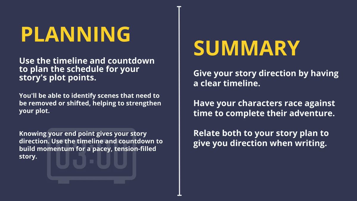 TheGEAcademy's tweet photo. TICKING CLOCK
Ensuring your story has a 'ticking clock' can really help to ramp up the tension in your story.... #goldeneggacademy #writingforchildren #tickingclock #storytimeline #writingprompts #writingtips #iwriteya #creativewriting #writerscommunity https://t.co/RGf0p3LQVV