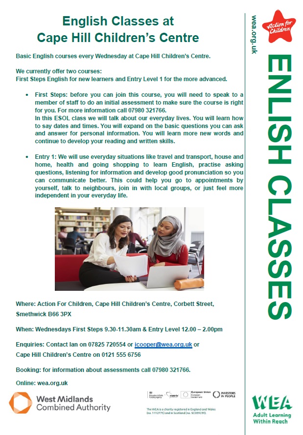 sandwellcluster's tweet photo. Basic English courses every Wednesday at Cape Hill Children's Centre. 
For any enquiries, please contact Ian on 07825 720554/icooper@wea.org.uk or contact Cape Hill Children's Centre on 0121 555 6756 

@WEAadulted https://t.co/uM1fncFOdD