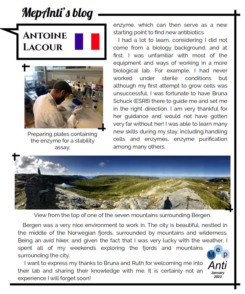 In January, our doctoral student Antoine Lacour, from France, tells us about the time he spent at the University of Bergen (Norway), performing biological experiments.
#MepAntiBlog #Secondment #DrugDiscovery #BioLayerInterferometry #UniversityOfBergen #Fjords #Hiking #MepAnti_ITN
