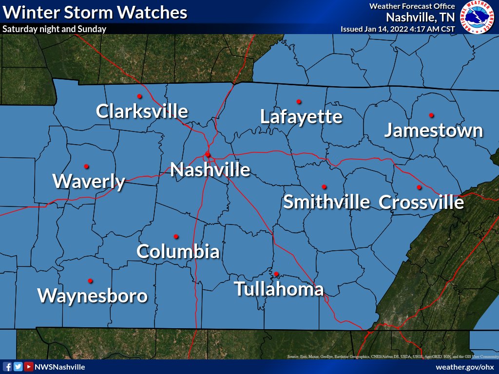NWSNashville's tweet photo. WINTER STORM WATCH all of Middle Tennessee Saturday night and Sunday. Significant snow accumulations will make travel very difficult, maybe impossible in some areas. Average amounts 3-6 inches, some more, some less. Get ready y'all! https://t.co/rnB7zOjRqH