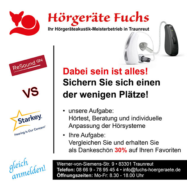 GN ReSound vs Starkey
Dabei sein ist alles!
Sichern Sie sich noch heute einen der wenigen Plätze!
Vergleichen Sie die zwei Hersteller und erhalten Sie als Dankeschön 30% auf Ihren Favoriten.