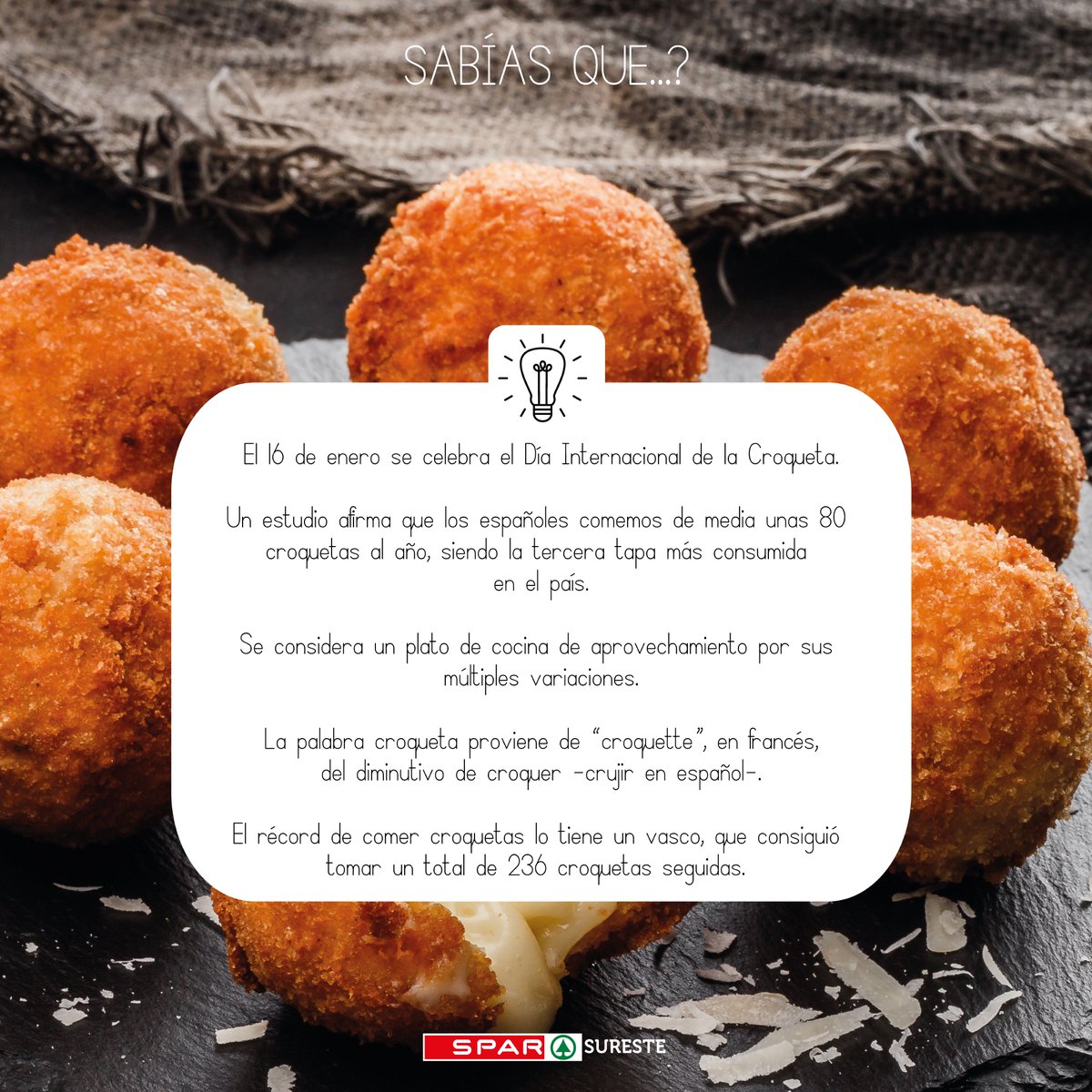 SparSureste's tweet photo. Sabías que...?🤔
#sparsureste #curiosidadesSPAR #diainternacionaldelacroqueta #diadelacroqueta https://t.co/yHuZoAsx9S
