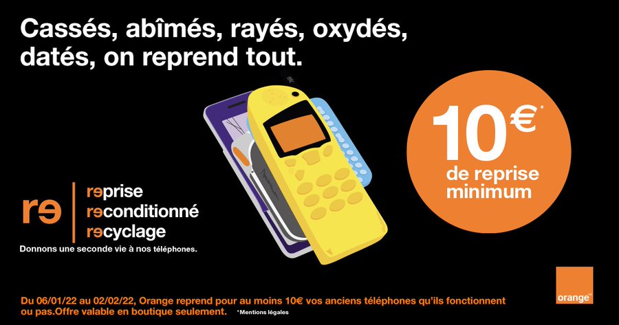 📱♻️Videz vos tiroirs et rendez-vous en boutique !

Du 6 janvier au 2 février, nous rachetons vos anciens mobiles 10€ minimum, quels que soient les modèles et leur état. 
👉boutique.orange.fr/bon-plan-promo…