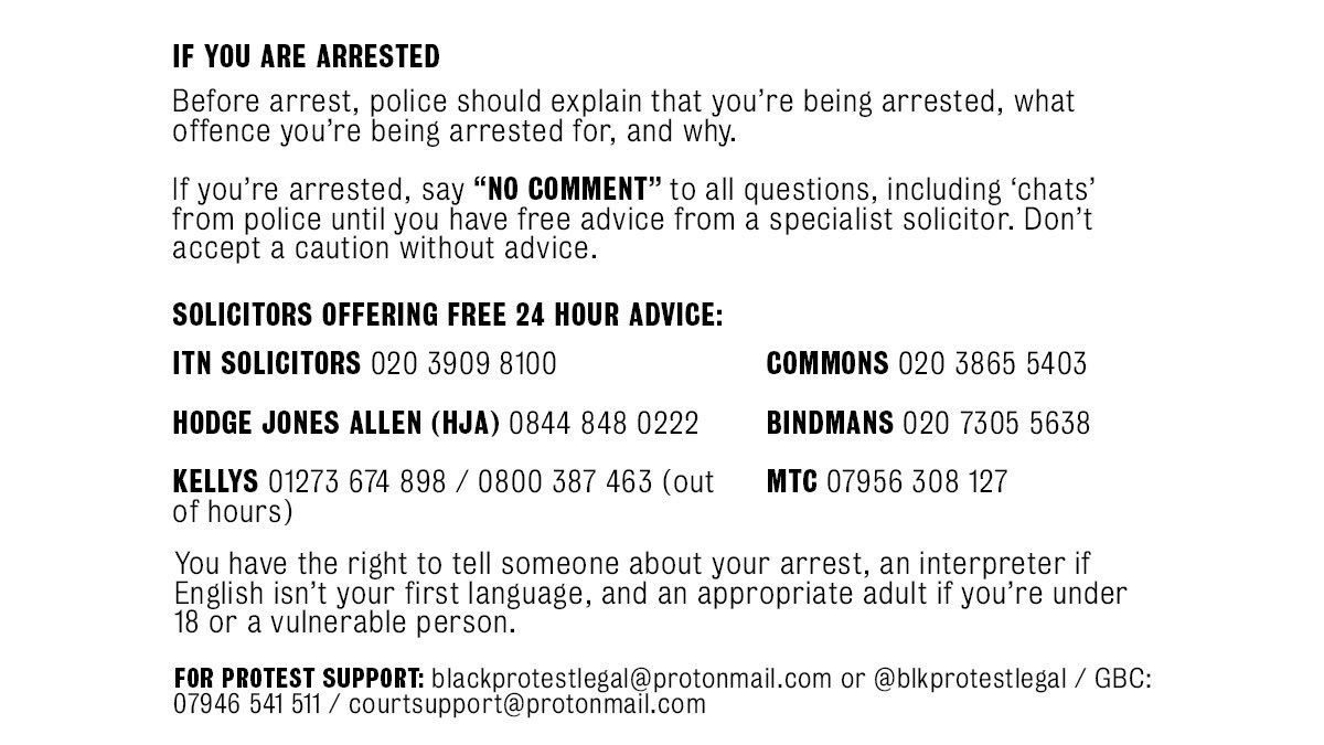 🚨🚨Protesting tomorrow against the racist #PolicingBill + #BordersBill?KNOW YOUR RIGHTS!!
🤓 Read our bustcards⬇️
🤐 Don’t talk to cops
😷 Mask up (covid safety + resist police surveillance) 
🦺Our Legal Observers will be at London’s #KillTheBill demo. Find us for advice/support