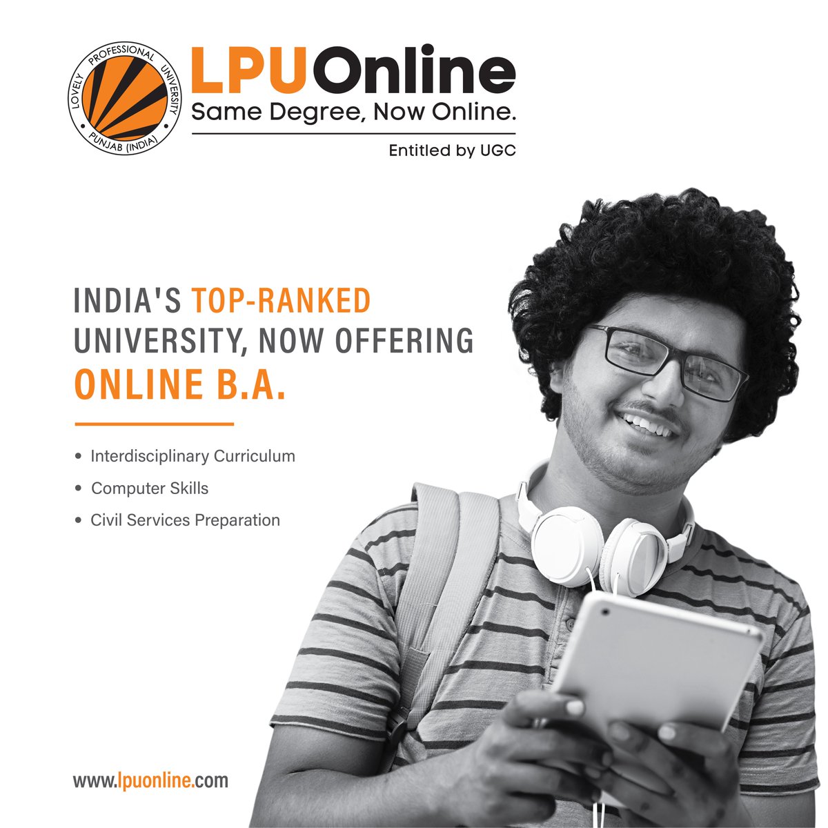 LpuOnline's tweet photo. Presenting LPU Online, a new way to interact, engage, and learn.
. Industry Oriented Curriculum
. Expert Guidance, Interactive Learning
. Civil Services Preparation
Time to enroll for Online B.A. Programme. @lpuuniversity
#LogInToLPUOnline #LPUOnline #OnlineBA #AdmissionsOpen https://t.co/ulJV0DUkcs