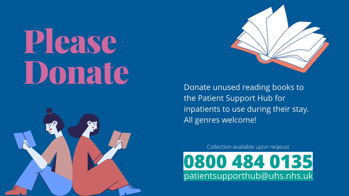 UHS Patient and Family Support Hub (@uhs_supporthub) on Twitter photo Please help us to ease the feelings of loneliness and isolation for our patients by donating unused reading books... All genres welcome! 📚
Collection of books available upon request - 0800 484 0135 ☎️
<a href="/UHSFT/">University Hospital Southampton 💙</a> @charity_shc #UHSPSH #Southampton Please help us to ease the feelings of loneliness and isolation for our patients by donating unused reading books... All genres welcome! 📚
Collection of books available upon request - 0800 484 0135 ☎️
<a href="/UHSFT/">University Hospital Southampton 💙</a> @charity_shc #UHSPSH #Southampton