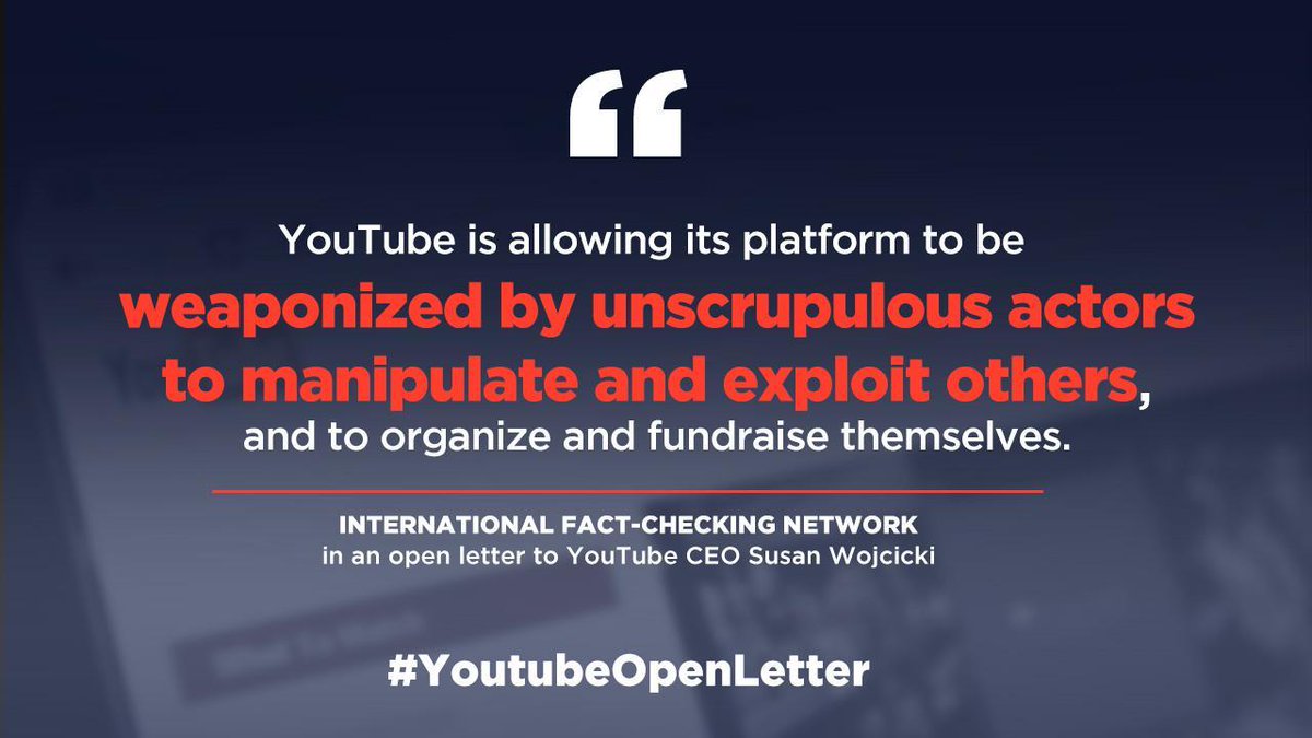 rapplerdotcom's tweet photo. Fact-checkers around the world do not see is much effort by YouTube to implement policies that address the problem of misinformation and disinformation in its platform. #YoutubeOpenLetter @factchecknet
READ: https://t.co/4KUQOzQaJe https://t.co/f5PEp553z6