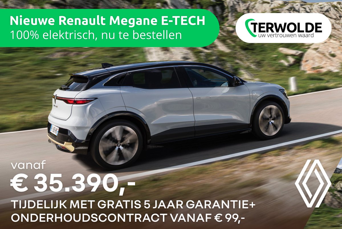De nieuwe Megane E-TECH Electric is nu wel heel aantrekkelijk! 

Zo profiteer je tijdelijk van gratis 5 jaar GarantiePlus én heb je al een 3-jarig onderhoudscontract voor slechts €99,-

Bekijk de Renault Megane E-TECH Electric op terwolderenault.nl/renault/elektr… en reserveer uw proefrit!