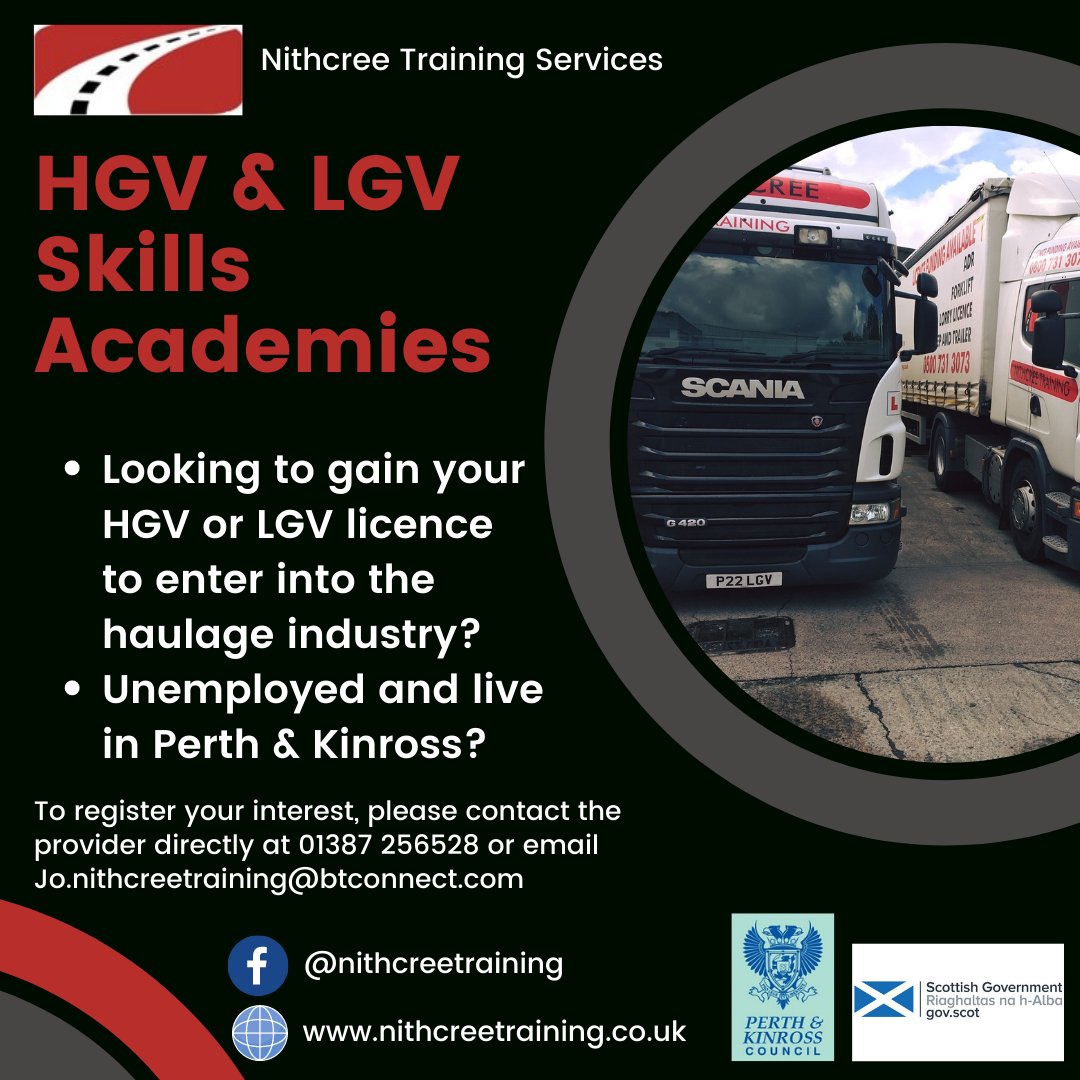 SkillsTeamPKC's tweet photo. We are excited to announce that we are launching a HGV/LGV Skills Academy in collaboration with  @Nithcreetrain 🚚

The opportunity is open to unemployed individuals aged 18+ who reside in Perth &amp; Kinross

Interested? Contact:
📲jo.nithcreetraining@btconnect.com
📞01387 256528 https://t.co/Xfm9YYwS4K