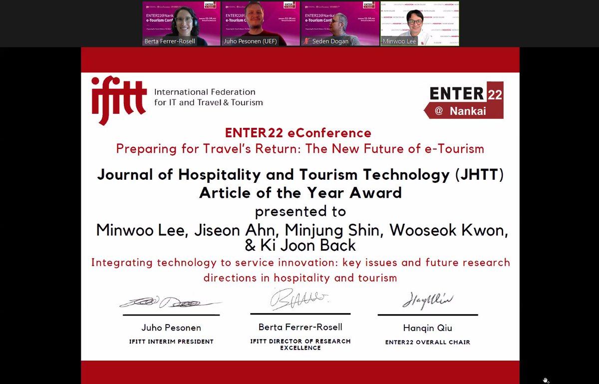 IFITTorg's tweet photo. Big shout out to our winners of the Article of the Year Award.
We sincerely gratulate and thank all participants for their contributions.
#ifittawards #IFITT #enter22 #tourism #hospitality #technology https://t.co/uhm5XktFux