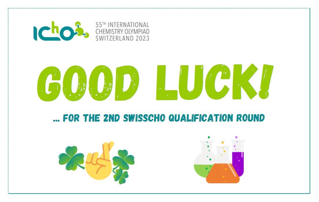 🍀 The #icho2023 team wishes all participants an interesting #SwissChO teaching today and a successful exam tomorrow! 🍀

💡With tomorrow's exam the 16 best young chemistry talents will qualify for the Swiss final in April 2022 <a href="/ETH/">ETH Zürich</a>

#icho2023 <a href="/ETH_DCHAB/">D-CHAB</a> <a href="/SwissChemistry/">Swiss Chemical Society</a>
