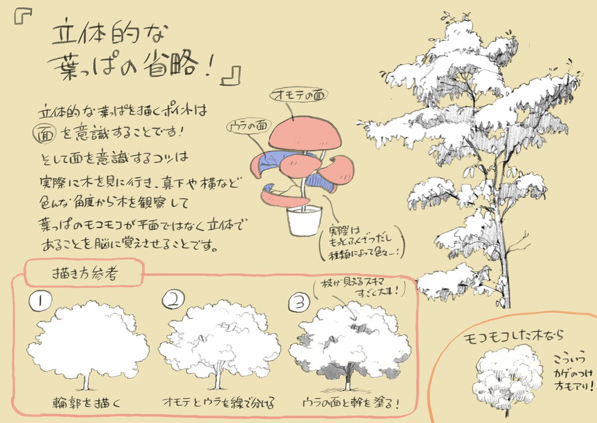 身近なものほど良く見る機会って少ない気がします。バラバラなノウハウですがこれが木を見たり描いたりするきっかけになれば幸いです。 