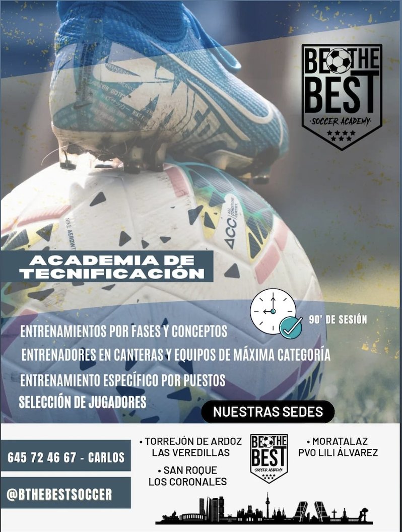 ⚽️🗣️ ¡Este domingo vuelven las Academias de <a href="/bthebestsoccer/">BE THE BEST SOCCER</a>!

⚫️ - Moratalaz
🔴 - Torrejón
🔵 - San Roque

💻📲 ¡Toda la información en nuestra web y redes sociales! <a href="/futbolinevents/">Futbol In Events</a> <a href="/bthebestsoccer/">BE THE BEST SOCCER</a>