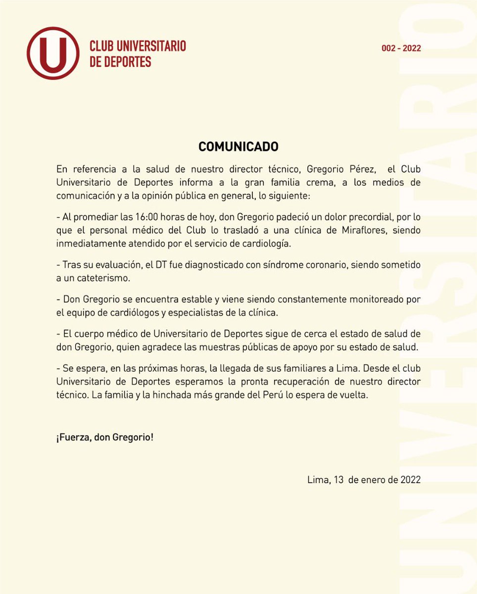 OficialCAP's tweet photo. Compartimos el comunicado del club @Universitario sobre la intervención a Don Gregorio. https://t.co/I0gxndcaQq