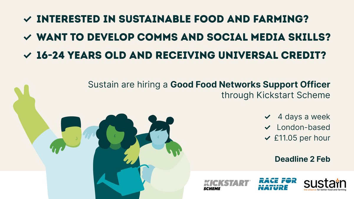 VegCities's tweet photo. Great opportunity for 16-24 years old, on Universal Credit, looking to start a career food &amp; farming. Good Food Networks Support Officer will work with @LondonFoodLink &amp; @FoodPlacesUK on comms, social media &amp; events as part of #Kickstart. Deadline 2 Feb. https://t.co/bDXZ4HDFMV https://t.co/4cJowJu3Tc
