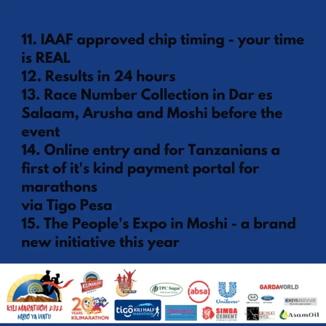 KiliMarathon's tweet photo. Do you understand the advantages that one gets as a Kili Marathon participant? Here are 20 reasons why you should definitely join“The marathon for the people”!
#20yearsofkilimarathon #kilimanjaromarathon #kilimarathon2022 #kilimarathon #mbioyawatu #internationalrace #KiliMarathon https://t.co/YN6upMzijQ
