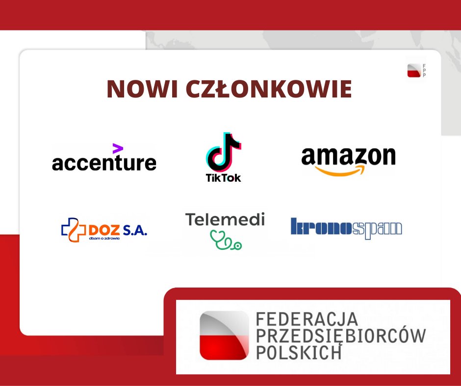 Federacja_PL's tweet photo. Do #FPP dołączyli:
➡ @AccenturePolska obecny w Polsce od 1990
➡ #TikTok jedna z najczęściej pobieranych aplikacji
➡ @AmazonNewsPL u nas od 2014
➡ #DOZ największy polski portal o zdrowiu
➡ platforma #Telemedi
➡ @Kronospan wiodący producent materiałów drewnopochodnych https://t.co/2luHelOTEO