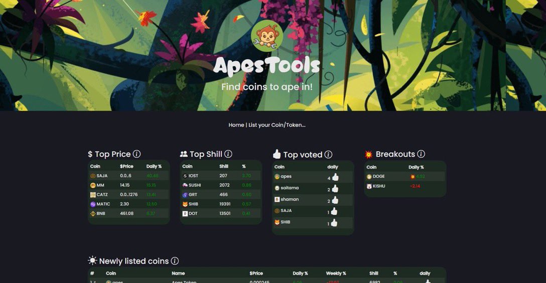 CryptoSuperApe's tweet photo. ANNOUNCING THE LAUNCH OF https://t.co/V9szkThJNp TOKEN PLATFORM!
#ApesTools features:
✅New token listings
✅Shilling Charts
✅Price Charts
✅Price Breakouts
✅Coin Voting
and more!
Use here: https://t.co/V9szkThJNp
TG Channel: https://t.co/PyDrIB7vSZ
#apes #ApesTogetherStrong https://t.co/vosNqGYiv6