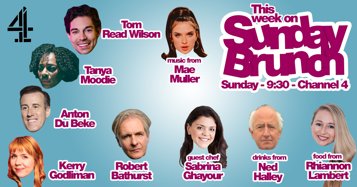 SundayBrunchC4's tweet photo. Tomorrow on #SundayBrunch! 📺 @TomReadWilson, #TanyaMoodie, @TheAntonDuBeke, @KerryAGodliman & @RobertBathurst are joining us! With food from @Rhitrition, drinks from #NedHalley and GUEST CHEF @SabrinaGhayour! 🥰 PLUS LIVE MUSIC from @maemuller_ 🤩 9:30am on @Channel4! https://t.co/dv8wH8DR4O