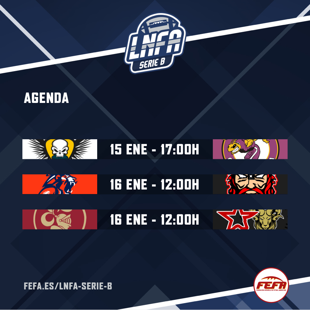 🔥 HORARIOS 🔥
🏆 #LNFASerieB
🏈 15 y 16 de enero

<a href="/mercenarioszgz/">Mercenarios Futbol Americano</a> 🆚 @StingsFootball

<a href="/AlcobendasCavs/">Alcobendas Cavaliers</a> 🆚 <a href="/TorosAmFootball/">Fuenlabrada Toros</a> TFU

<a href="/GranadaLions/">Granada Lions</a> 🆚 <a href="/cfabarbarians/">Almería Barbarians🏈</a>

#ConéctatealFootball🏈 #EnjoyFútbolAmericano <a href="/deportegob/">CSD</a> <a href="/live_vuvuzela/">SinopsisVuvuzela</a>
