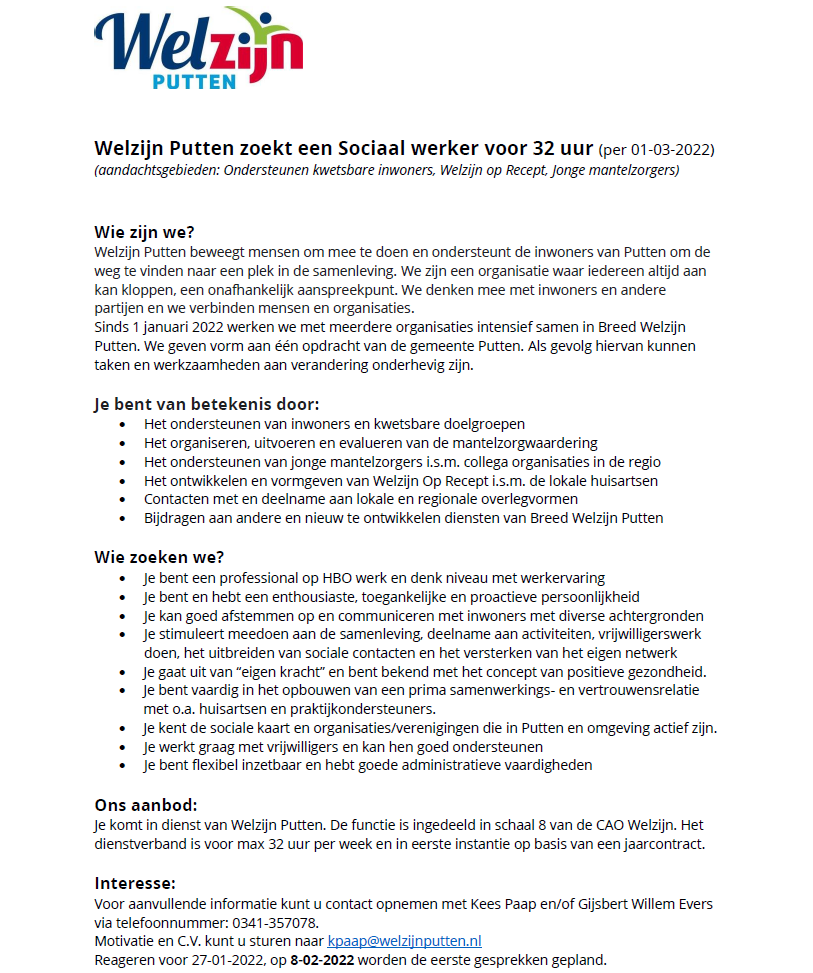 Wie komt het team van Welzijn Putten versterken? 💪😀 
Delen wordt gewaardeerd!
