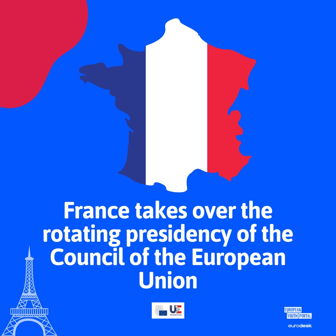 Eurodesk (@eurodesk) on Twitter photo As of 1 January, 🇫🇷 France takes over the rotating presidency of the Council of the European Union from Slovenia and will hold it until 30 June 2022. 🗓️
❓Want to stay up to date on the French Presidency priorities?
🔗 Click here: bit.ly/3KbkTDz
<a href="/EuropeanYouthEU/">European Youth ❤️🇪🇺</a> As of 1 January, 🇫🇷 France takes over the rotating presidency of the Council of the European Union from Slovenia and will hold it until 30 June 2022. 🗓️
❓Want to stay up to date on the French Presidency priorities?
🔗 Click here: bit.ly/3KbkTDz
<a href="/EuropeanYouthEU/">European Youth ❤️🇪🇺</a>