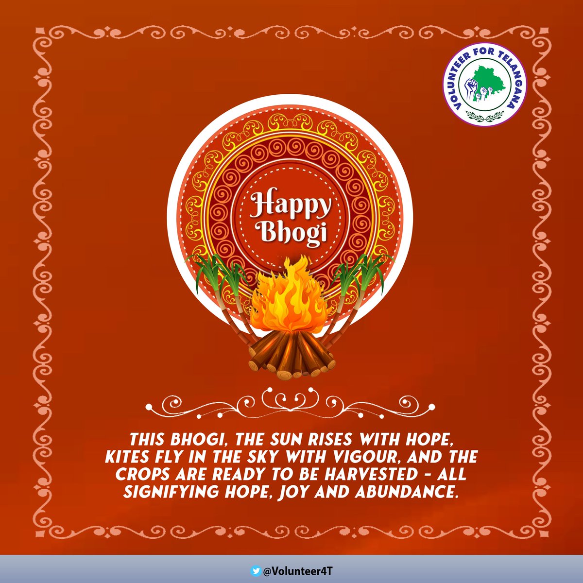 Volunteer4T's tweet photo. #Bhogi, a #festival associated with the #sun &amp; #agriculture, is harbinger of #happiness &amp; #prosperity. May this harvesting season bring #kindness, #success, &amp; #determination to make the lives of the less privileged better.

#MakarSankranti #HappyPongal #मकर_संक्रांति #2022Goals https://t.co/5WJa7bYNY8