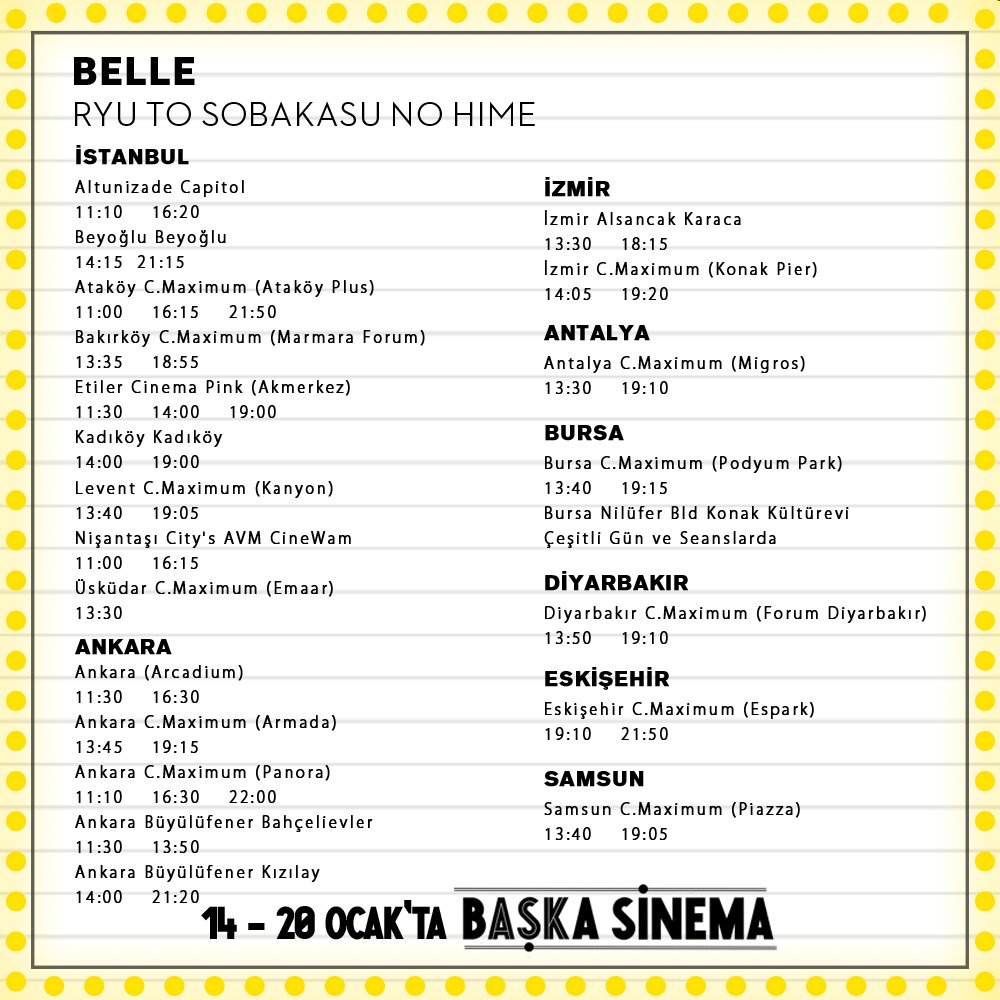 FilmaLtd's tweet photo. 14-20 Ocak'ta #Belle seansları
#sinemalarda #BaşkaSinema 🎉 https://t.co/EeRrWhvSk3