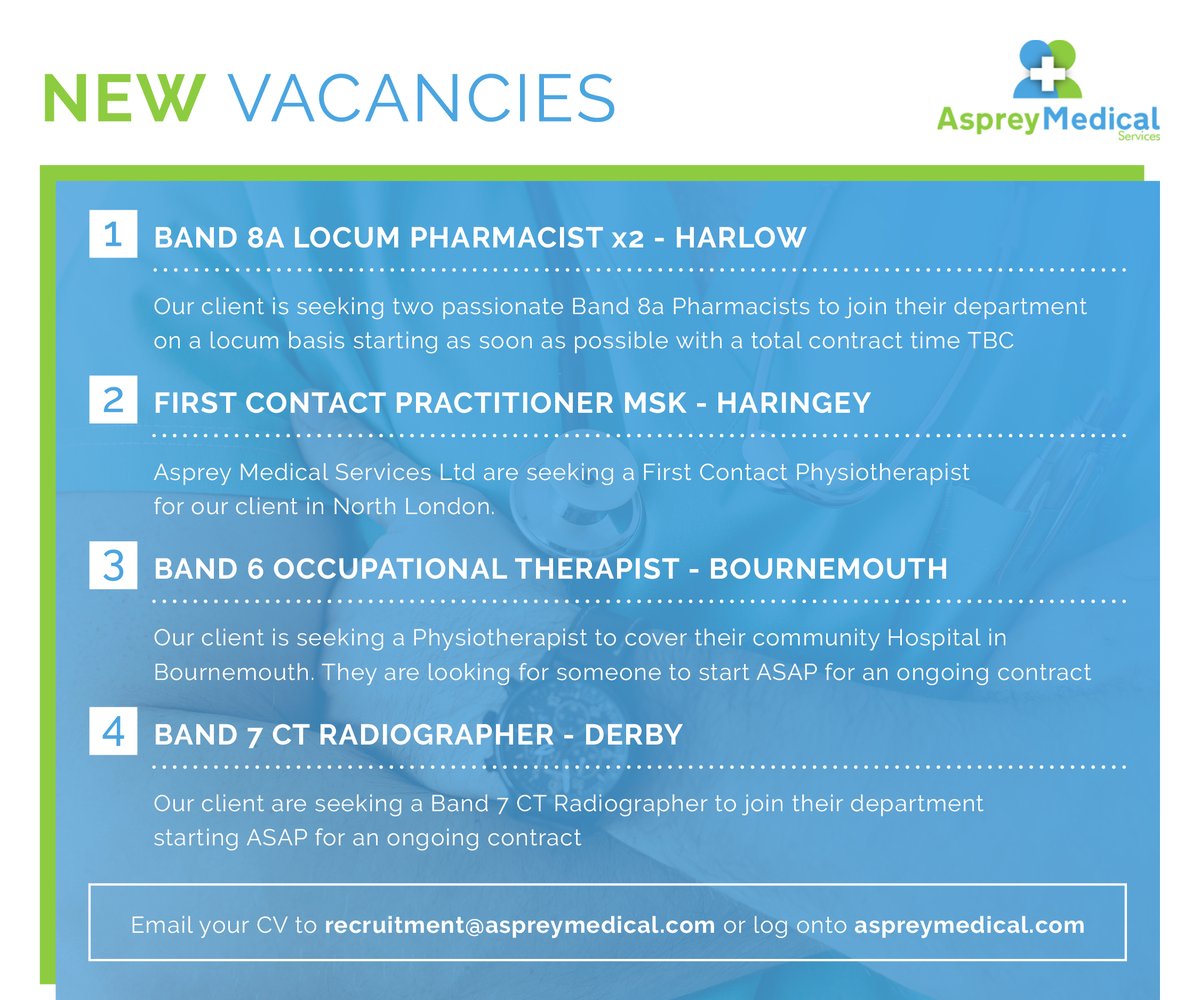 AspreyMedical's tweet photo. Get a head start on the weekend with these NEW and EXCITING vacancies! 💙💚

Call us now on 01206 656009 to start applying, or visit https://t.co/5DDHLqScUe

#healthcarerecruitment #nowhiring #pharmacist #pharmacy 
#pharmacyjobs #occupationaltherapists https://t.co/FL9bHh0f5d