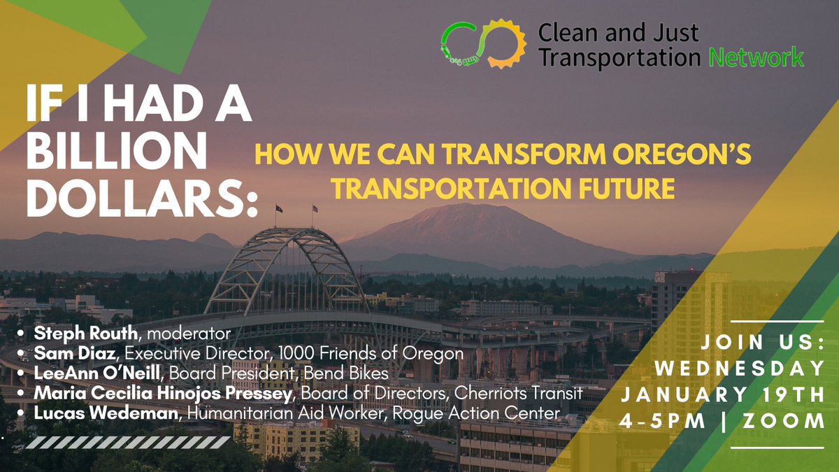 See what leaders from around across Oregon would do with a billion dollars in transportation funding to advance climate AND equity in Oregon. Wednesday, January 19th 4-5pm. Get excited! oeconline.org/event/transfor…