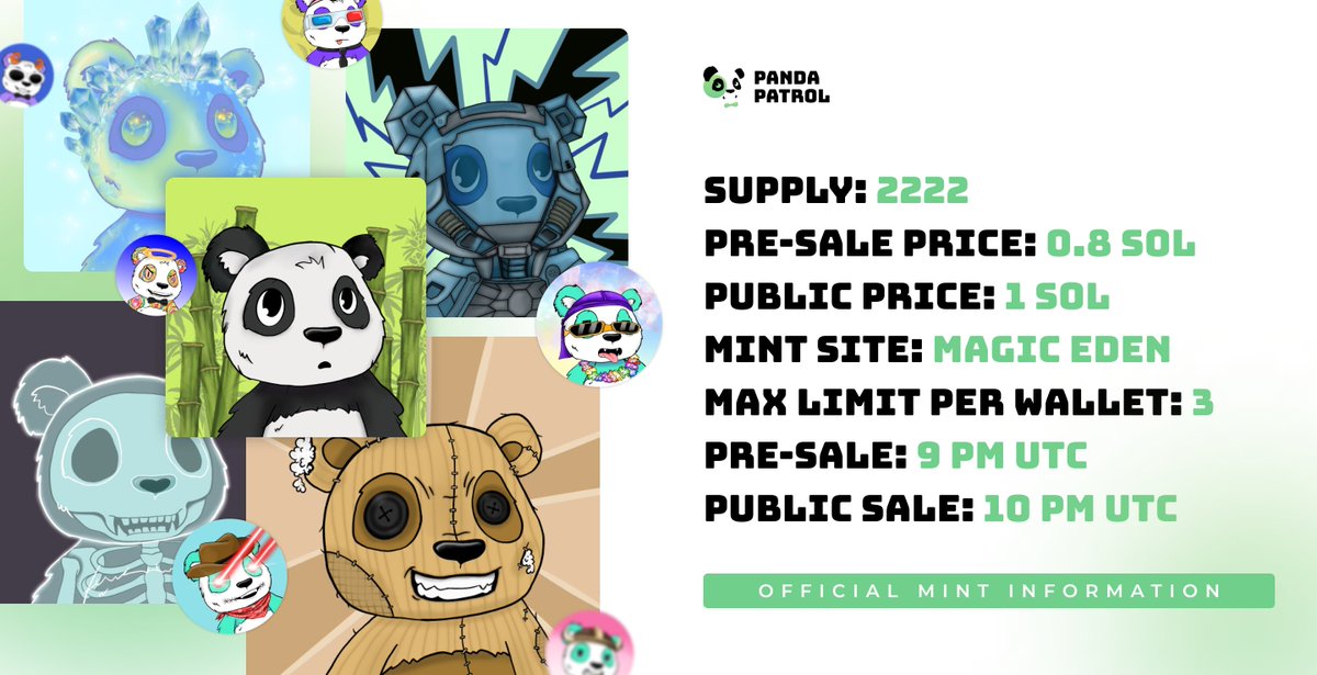 MagicEden's tweet photo. .@patrol_panda is minting on January 19th through #MagicEdenLaunchpad!

⚡️ 25% of all minting revenue + 50% royalties will be dedicated to their DAO
🤝 Charity Contributions
👀 3D Baby Pandas for holders

Check out their server below⬇️
https://t.co/Sw6z3I3wSC https://t.co/T6jsbQDyDE