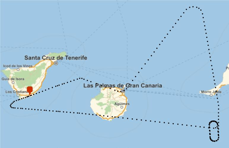 WolframResearch's tweet photo. In October, a Ryanair flight from Tenerife to Charleroi had to return to its departing airport due to volcanic ash. Using #WolframLanguage's #GeoGraphics and related functions, map out the emergency path taken by the aircraft: https://t.co/TLnJOSZIi0 https://t.co/9bPiADtVsL