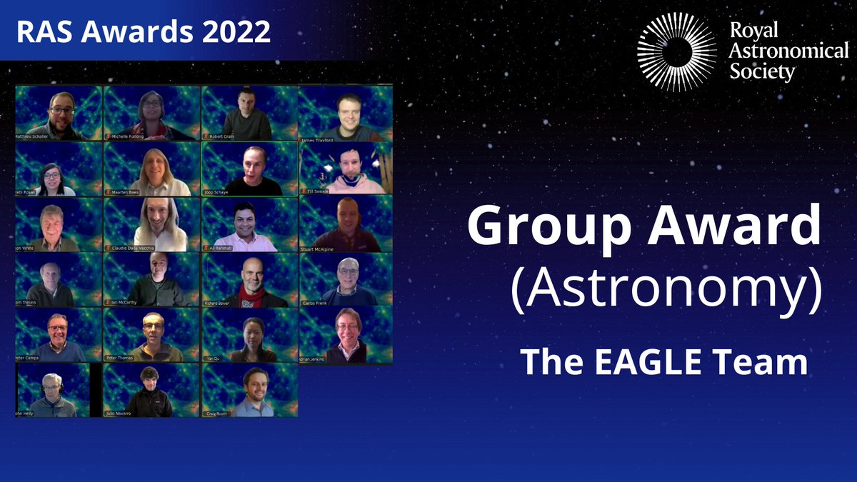 The 2022 Group Achievement Award in Astronomy is awarded to the EAGLE (Evolution and Assembly of GaLaxies and their Environments) Simulations Team. EAGLE is a suite of cosmological gas-dynamical simulations that follow the formation and evolution of over 10,000 galaxies!