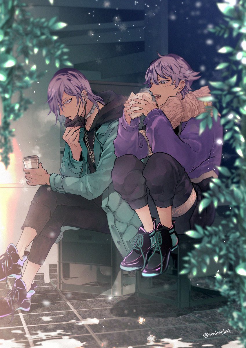 multiple boys 2boys purple hair male focus coffee cup sitting scarf  illustration images