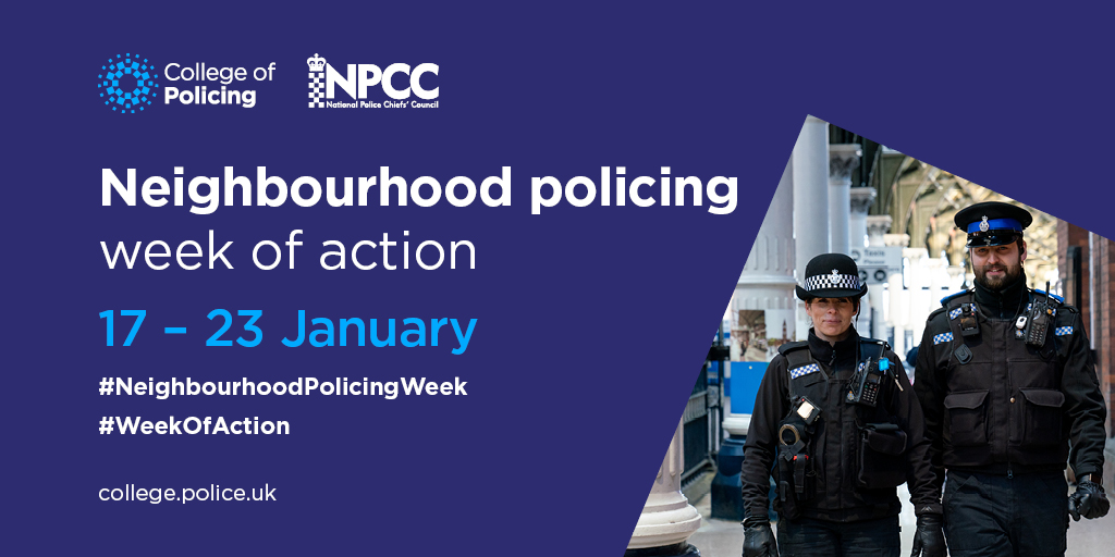 CollegeofPolice's tweet photo. The #NeighbourhoodPolicingWeek of action starts on Monday 17 January. During the week we will celebrate the achievements of neighbourhood policing and provide events for officers, staff and volunteers.

🔗 Find out more: https://t.co/7a0KbXiZpu  

#WeekOfAction https://t.co/LnQyvjTcgM
