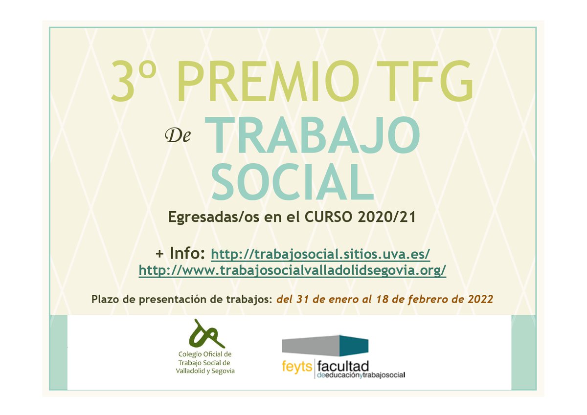 💡III Premio #TFG #TrabajoSocial convocado, por tercer año consecutivo, por @COTSVa_Sg y <a href="/TsocialUVa/">TsocialUVa</a> <a href="/feyts_uva/">feyts_uva</a> 

👉Plazo de presentación de trabajos: hasta el 18 de febrero. Toda la info en: trabajosocial.sitios.uva.es y en trabajosocialvalladolidsegovia.org

🏆¡Os esperamos!