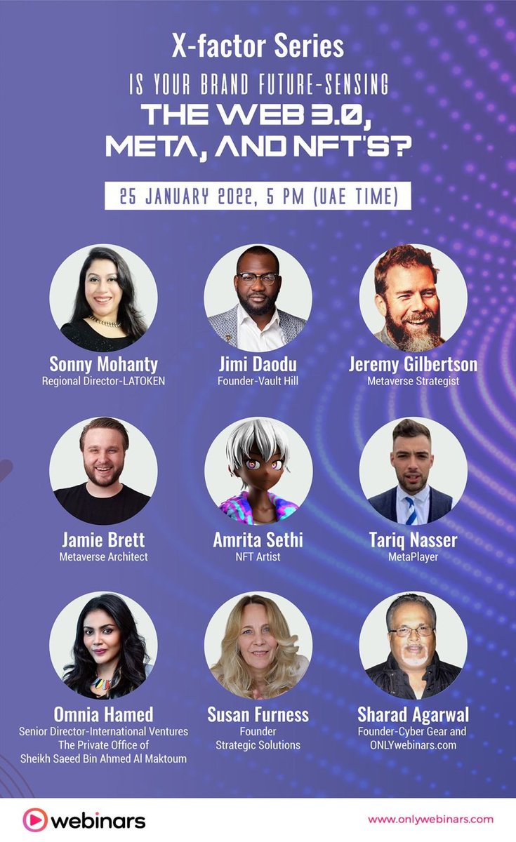 Webinar Alert: Is your brand future-sensing the Web 3.0, Meta, and NFT's?
Jan 25, 2022 05:00 PM
Register now at lnkd.in/dBqjxdBZ

#webinar #web3 #metaverse #nft