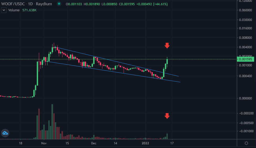 solana_daily's tweet photo. $WOOF PRICE TECHNICAL ANALYSIS 

Seems familiar? $WOOF @WoofSolana price is forming the falling wedge pattern on Daily Chart. Moreover, the volume of today 14 Jan is so far 3 times bigger than yesterday and 2500% than 3 days before, breaking out the wedge.  
NFA, 

#price #ta https://t.co/025LXuWPii