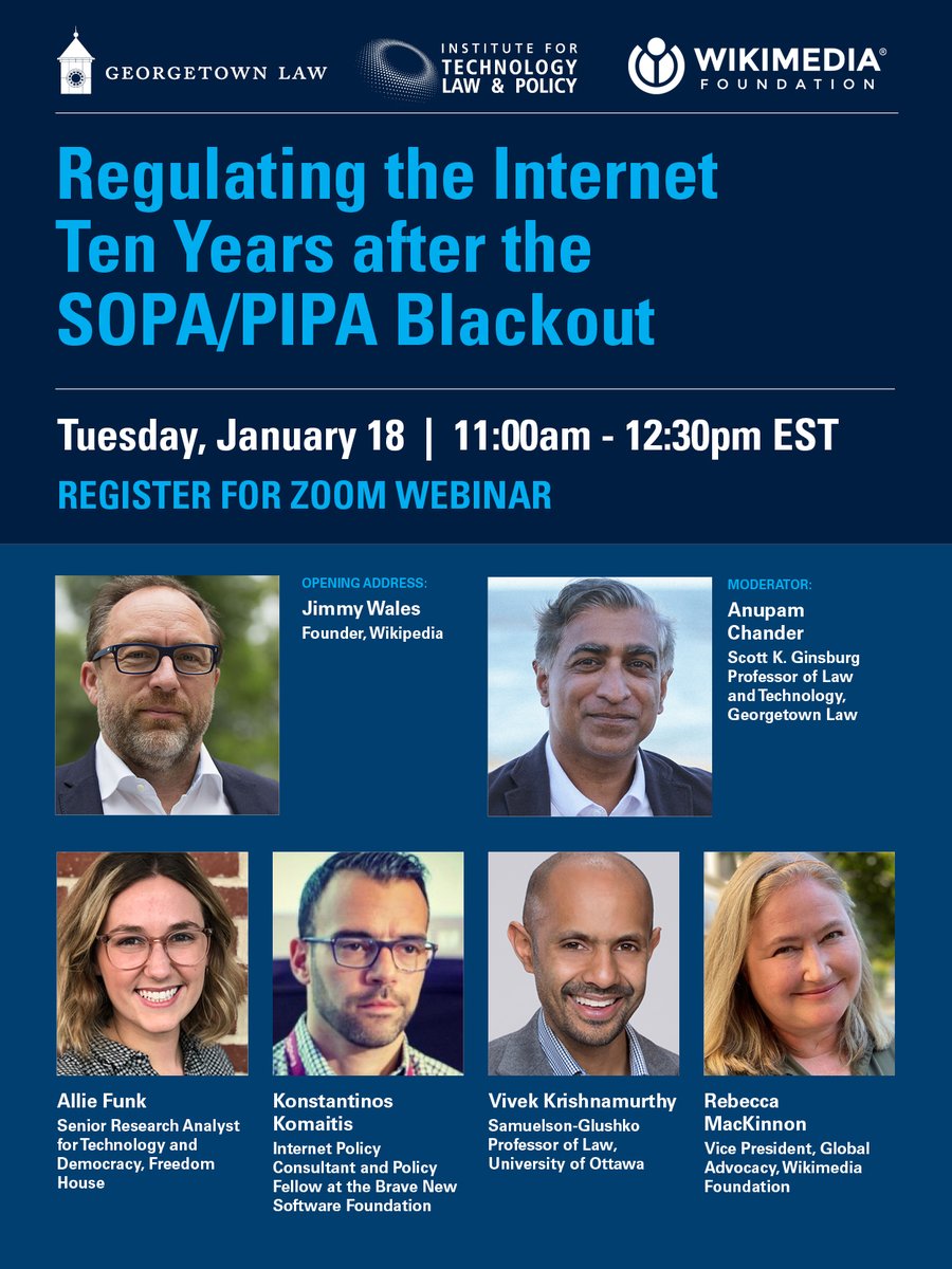 creativecommons's tweet photo. Join @georgetownlaw &amp; @Wikimedia next week, 18 January, for a panel discussion on what we learned from the SOPA/PIPA debates, a look at the current state of internet freedom and possible paths to internet freedom.

REGISTER ➡️ https://t.co/FHQyNArY19 #SOPAPlusTen #BetterInternet https://t.co/RCNTfHuSHZ