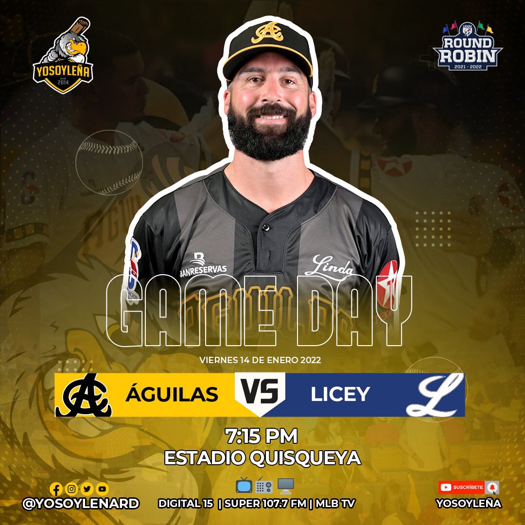 YoSoyLenaRD's tweet photo. G A M E D A Y

Los Campeones Nacionales y del Caribe, @aguilascibaenas visitan esta noche a @TigresdelLicey 

⌚️ 7:15 PM
🏟 Estadio Quisqueya 
📺 Digital 15
📻  Súper 107.7 FM 
💻 MLB TV

#YoSoyLeña #ACvsTL  #LIDOM  #EquipoGrade  #RoundRobin https://t.co/YXKbhQqJyG