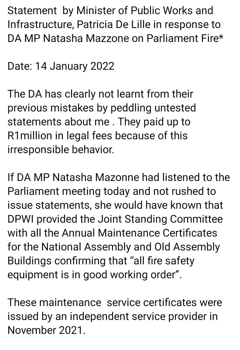 RT @PatriciaDeLille: My statement in response to DA MP's Natasha Mazonne's statement on the Parliament fire. https://t.co/dn1XV2QzOu