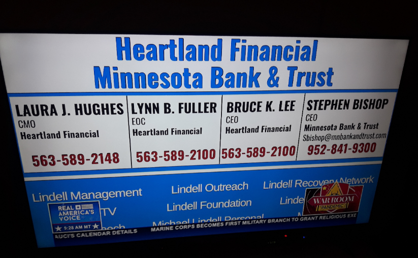 Entrepreneurix's tweet photo. The Heartland Financial Minnesota Bank &amp; Trust tries to DEBANK great entrepreneur and freedom fighter #MikeLindell.
Send CEO Stephen Bishop a (nice!) e-mail and tell him what you think about this.
#HeartlandFinancialMinnesotaBank
#WarRoomPandemic https://t.co/o6sx0t3zrB